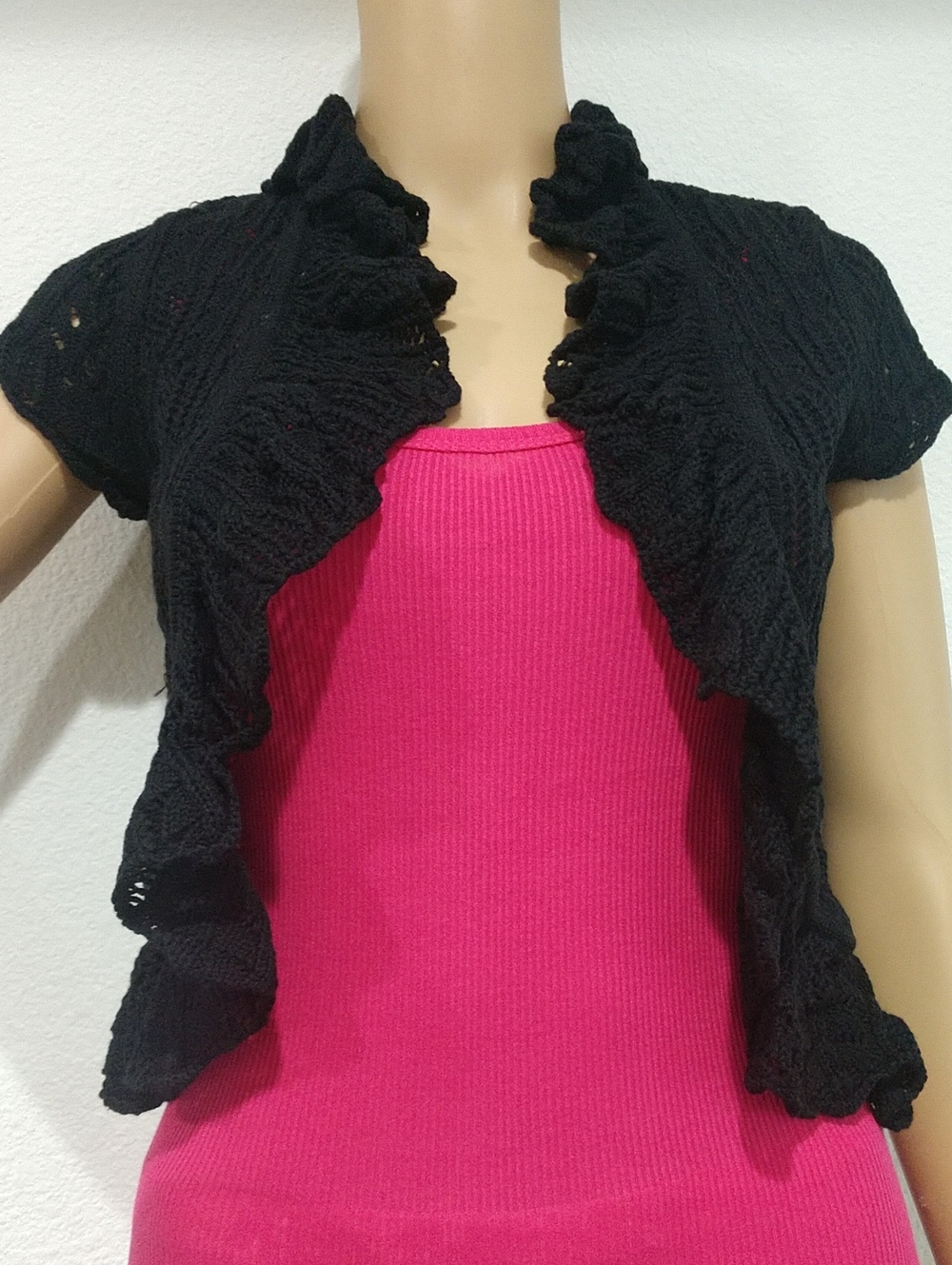Candie's Black Ruffle Short Sleeve Knit Cardigan